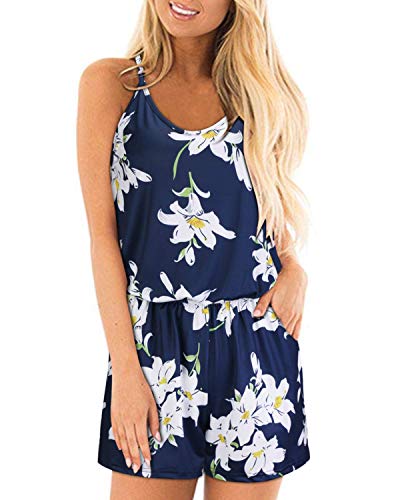 STYLEWORD Jumpsuit Damen Sommer Kurz Ärmellos Blumen Overall Spaghettiträger Strampler mit Tasche(Floral01,Groß) von STYLEWORD
