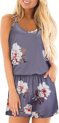 STYLEWORD Jumpsuit Damen Sommer Kurz Ärmellos Blumen Overall Spaghettiträger Strampler mit Tasche(Floral04,Klein) von STYLEWORD