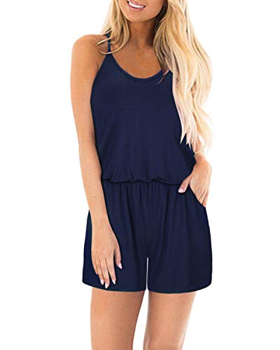 STYLEWORD Jumpsuit Damen Sommer Kurz Ärmellos Blumen Overall Spaghettiträger Strampler mit Tasche(Marine,Mittel) von STYLEWORD
