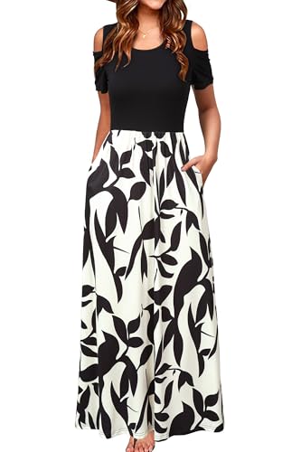 STYLEWORD Lang Sommerkleid Damen Elegant Maxikleid Sommer Freizeitkleid Kurzarm Kleider mit Taschen(Aprikose Schwarze Blume,XL) von STYLEWORD