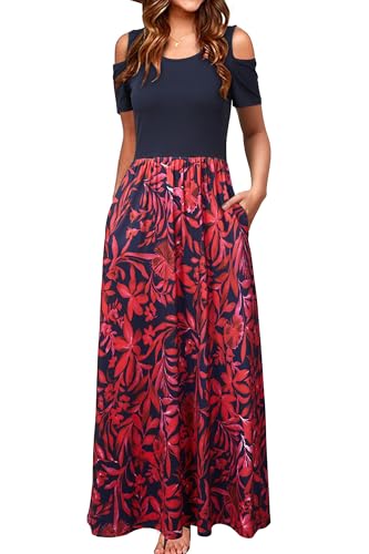 STYLEWORD Lang Sommerkleid Damen Elegant Maxikleid Sommer Freizeitkleid Kurzarm Kleider mit Taschen(Dunkelblaue rote Blattblume,L) von STYLEWORD