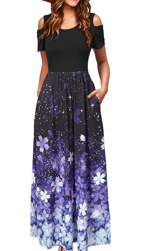 STYLEWORD Lang Sommerkleid Damen Elegant Maxikleid Sommer Freizeitkleid Kurzarm Kleider mit Taschen(Rosa lila Blume,XXL) von STYLEWORD