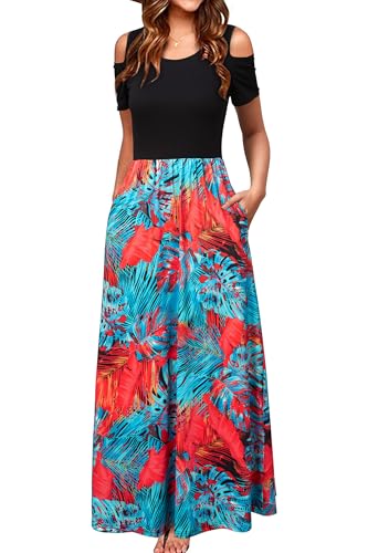 STYLEWORD Lang Sommerkleid Damen Elegant Maxikleid Sommer Freizeitkleid Kurzarm Kleider mit Taschen(Tropisches Blatt,XXL) von STYLEWORD