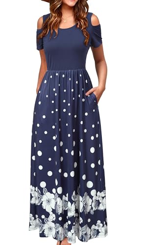 STYLEWORD Lang Sommerkleid Damen Elegant Maxikleid Sommer Freizeitkleid Kurzarm Kleider mit Taschen,L von STYLEWORD