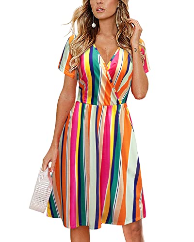 STYLEWORD Sommerkleid Damen Knielang Kleid Sommer Midikleid Kurzarm V Ausschnitt Blumenkleid Wickelkleid von STYLEWORD