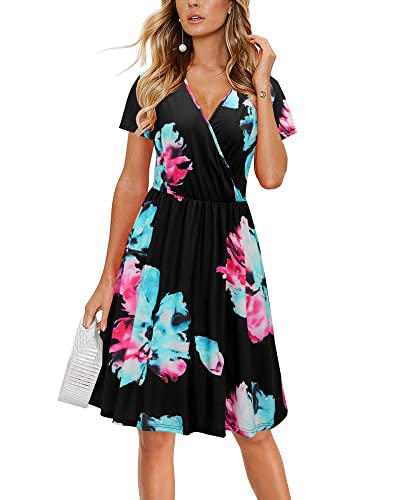 STYLEWORD Sommerkleid Damen Knielang Kleid Sommer Midikleid Kurzarm V Ausschnitt Blumenkleid Wickelkleid von STYLEWORD