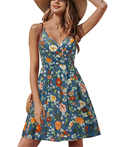 STYLEWORD Sommerkleid Damen Knielang V-Ausschnitt A Linie Kleider Sommer Freizeitkleid Strandkleid mit Taschen von STYLEWORD