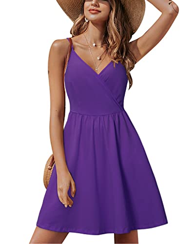 STYLEWORD Sommerkleid Damen Knielang V-Ausschnitt A Linie Violett Kleider Sommer Strandkleid Freizeitkleid mit Taschen von STYLEWORD