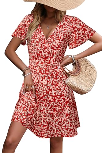 STYLEWORD Sommerkleid Damen Kurzarm V-Ausschnitt Kleid Blumenmuster A Linie Strandkleid Midi Wickelkleid mit Taschen,M von STYLEWORD