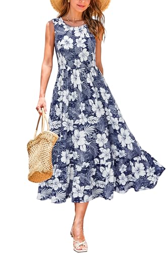 STYLEWORD Sommerkleid Damen Lang Blumenkleid Midikleider A Linie Swing Sommer Kleid mit Taschen,M von STYLEWORD