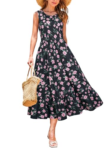 STYLEWORD Sommerkleid Damen Lang Blumenkleid Midikleider A Linie Swing Sommer Kleid mit Taschen,XL von STYLEWORD