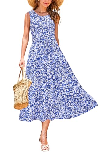 STYLEWORD Sommerkleid Damen Lang Blumenkleid Midikleider A Linie Swing Sommer Kleid mit Taschen,XL von STYLEWORD