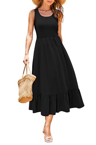 STYLEWORD Sommerkleid Damen Lang Blumenkleid Midikleider A Linie Swing Sommer Kleid mit Taschen Schwarz,XL von STYLEWORD
