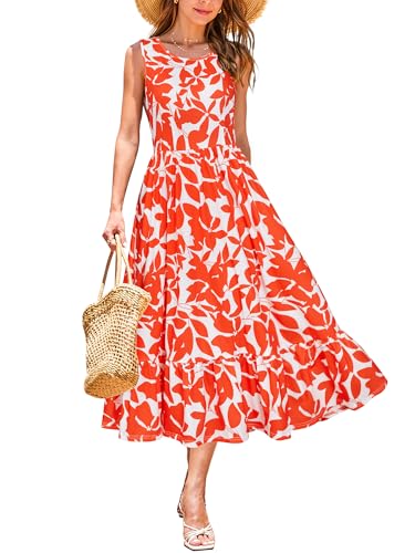 STYLEWORD Sommerkleid Damen Lang Blumenkleid Midikleider A Linie Swing Sommer Kleid mit Taschen,L von STYLEWORD