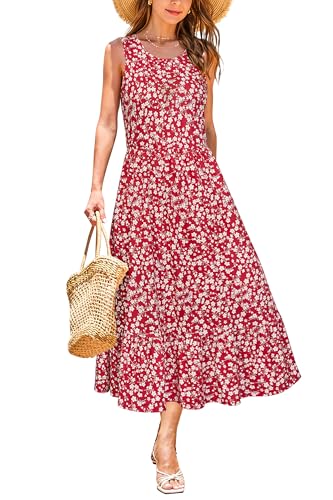 STYLEWORD Sommerkleid Damen Lang Blumenkleid Midikleider A Linie Swing Sommer Kleid mit Taschen,XL von STYLEWORD
