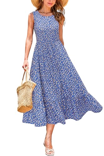 STYLEWORD Sommerkleid Damen Lang Blumenkleid Midikleider A Linie Swing Sommer Kleid mit Taschen,XXL von STYLEWORD