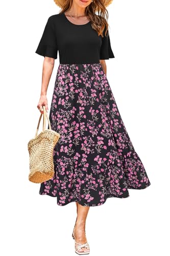 STYLEWORD Sommerkleid Damen Lang Kurzarm Boho Kleid Sommer Blumenkleid Swing Maxikleid von STYLEWORD