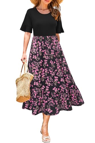 STYLEWORD Sommerkleid Damen Lang Kurzarm Boho Kleid Sommer Blumenkleid Swing Maxikleid von STYLEWORD