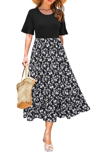 STYLEWORD Sommerkleid Damen Lang Kurzarm Boho Kleid Sommer Blumenkleid Swing Maxikleid von STYLEWORD
