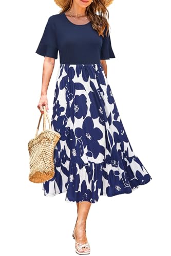 STYLEWORD Sommerkleid Damen Lang Kurzarm Boho Kleid Sommer Blumenkleid Swing Maxikleid von STYLEWORD