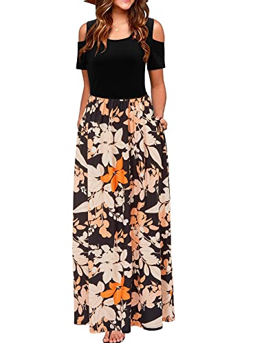 STYLEWORD Sommerkleid Damen Lang Maxikleid Sommer Elegant Freizeitkleid Kurzarm Kleider mit Taschen(Floral37,L) von STYLEWORD