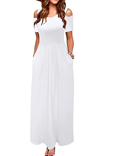 STYLEWORD Sommerkleid Damen Weiß Lang Maxikleid Sommer Elegant Freizeitkleid Kurzarm Kleider mit Taschen,S von STYLEWORD