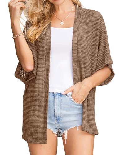 STYLEWORD Strickjacke Damen Kurzarm Sommer Cardigan Strand Cover Up Kimono Leichter Strickmantel(Braun,XL) von STYLEWORD