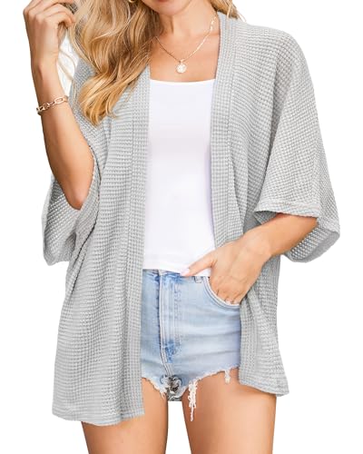 STYLEWORD Strickjacke Damen Kurzarm Sommer Cardigan Strand Cover Up Kimono Leichter Strickmantel(Hellgrau,XXL) von STYLEWORD