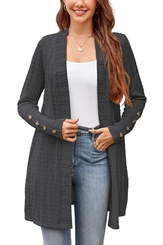 STYLEWORD Strickjacke Damen Langarm Cardigan Lang Open Front Strickpullover Leichte Herbst Strickmantel mit Taschen(Dunkelgrau,XL) von STYLEWORD