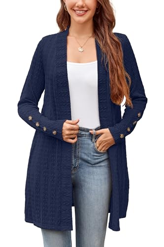 STYLEWORD Strickjacke Damen Langarm Cardigan Lang Open Front Strickpullover Leichte Herbst Strickmantel mit Taschen(Marine,L) von STYLEWORD