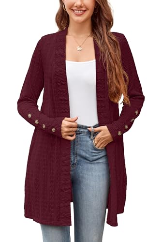 STYLEWORD Strickjacke Damen Langarm Cardigan Lang Open Front Strickpullover Leichte Herbst Strickmantel mit Taschen(Rot,M) von STYLEWORD