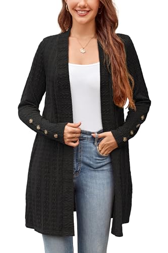 STYLEWORD Strickjacke Damen Langarm Cardigan Lang Open Front Strickpullover Leichte Herbst Strickmantel mit Taschen(Schwarz,L) von STYLEWORD