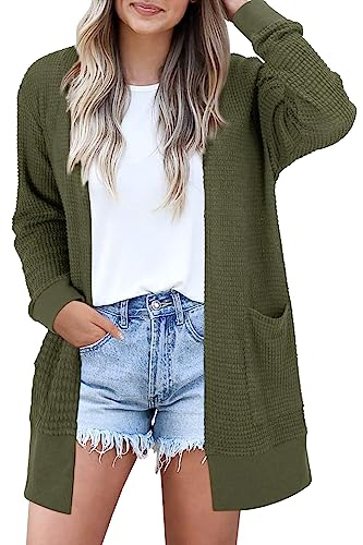 STYLEWORD Strickjacke Damen Langarm Sommer Leichtes Cardigan Open Front Strickpullover mit Taschen(Armee,L) von STYLEWORD