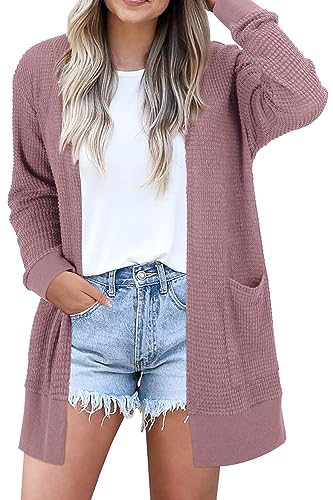 STYLEWORD Strickjacke Damen Langarm Sommer Leichtes Cardigan Open Front Strickpullover mit Taschen(Dunkles Violett,M) von STYLEWORD