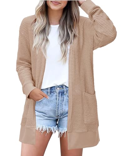 STYLEWORD Strickjacke Damen Langarm Sommer Leichtes Cardigan Open Front Strickpullover mit Taschen(Khaki,L) von STYLEWORD
