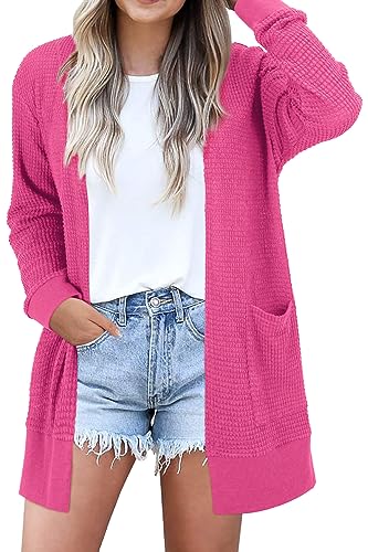 STYLEWORD Strickjacke Damen Langarm Sommer Leichtes Cardigan Open Front Strickpullover mit Taschen(Rosa,XXL) von STYLEWORD