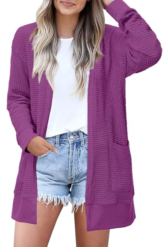 STYLEWORD Strickjacke Damen Langarm Sommer Leichtes Cardigan Open Front Strickpullover mit Taschen(Violett,XL) von STYLEWORD