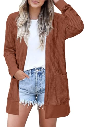 STYLEWORD Strickjacke Damen Langarm Sommer Leichtes Cardigan Open Front Strickpullover mit Taschen(Ziegelrot,XL) von STYLEWORD