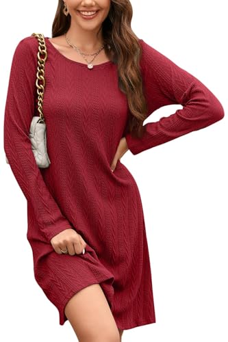 STYLEWORD Strickkleid Damen Kleid Langarm Herbstkleid Pulloverkleid Elegant Herbst Winterkleid Tunika Umstandskleid(Rot,XXL) von STYLEWORD