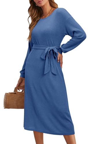 STYLEWORD Strickkleid Damen Langarm Rundausschnitt Kleid Elegant PulloverKleid Herbst Winterkleid Mit Gürtel(Blau,Groß) von STYLEWORD