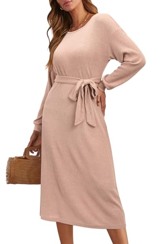 STYLEWORD Strickkleid Damen Langarm Rundausschnitt Kleid Elegant PulloverKleid Herbst Winterkleid Mit Gürtel(Light Khaki,Mittel) von STYLEWORD