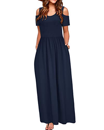 STYLEWORD Sommerkleid Damen Lang Maxikleid Sommer Marine Elegant Freizeitkleid Kurzarm Kleider mit Taschen von STYLEWORD