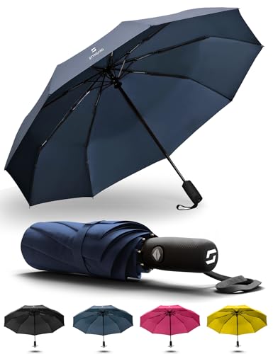 STYNGARD Regenschirm sturmfest bis 140 km/h - Taschenschirm mit Auf-zu-Automatik und zertifizierter Teflon-Beschichtung gegen Feuchtigkeitsschäden - kurzer Griff - Modell OSLO (Blau) von STYNGARD