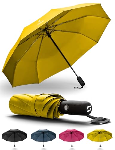 STYNGARD Regenschirm sturmfest bis 140 km/h - Taschenschirm mit Auf-zu-Automatik und zertifizierter Teflon-Beschichtung gegen Feuchtigkeitsschäden - kurzer Griff - Modell OSLO (Gelb) von STYNGARD