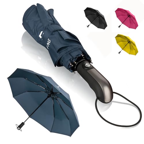STYNGARD Regenschirm sturmfest bis 140 km/h - Taschenschirm mit Auf-zu-Automatik und zertifizierter Teflon-Beschichtung gegen Feuchtigkeitsschäden - langer Griff - Modell TRONDHEIM (Blau) von STYNGARD