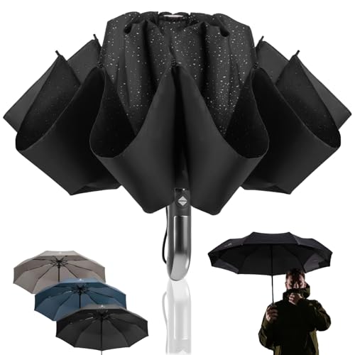 STYNGARD Regenschirm sturmfest bis 140 km/h zusammenfaltbar ohne zu tropfen - Reverse Taschenschirm mit zertifizierter Teflon-Beschichtung gegen Feuchtigkeit Modell LONDON (Schwarz) von STYNGARD