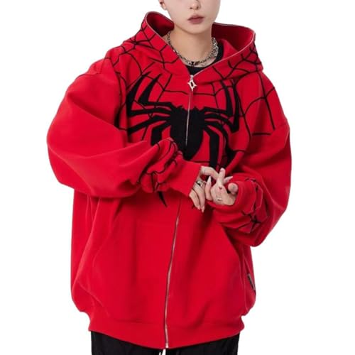 Y2k Zip Up Hoodie Spider Grunge Vintage Damen Herren Kapuzenpullover Gothic Kapuzenjacke Halloween (Red,L) von STalf