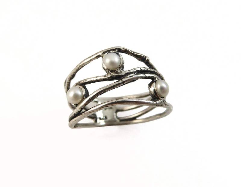 Perlenring Perlenring Aus Sterlingsilber Wellenring Perlenschmuck Silberring Breiter Perlen-Silberring Ring Perlenring Perlenring Aus Sterlingsilber Wellenring Perlenschmuck Silberring Breiter Perlen-Silberring Ring von STarLighTstudiO3