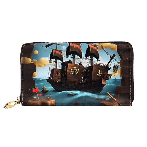 STejar Cartoon-Piratenschiff-Geldbörse für Damen, Leder, große Kapazität, Clutch, Handy-Clutch, Kreditkartenhalter, Schwarz, Einheitsgröße, modern, Schwarz , Einheitsgröße, Modern von STejar