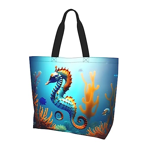 Seabed Coral Seepferdchen Damen Schultertasche mit großem Fassungsvermögen, geeignet für den täglichen Gebrauch, Reisen, Einkaufen, Schule und Arbeit, Schwarz, Einheitsgröße von STejar